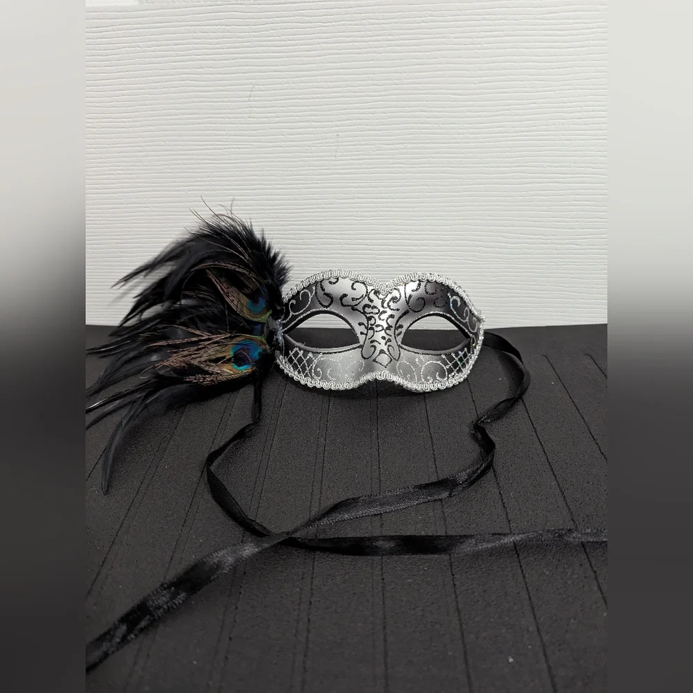 Elegant Silver and Black Feathered Mask